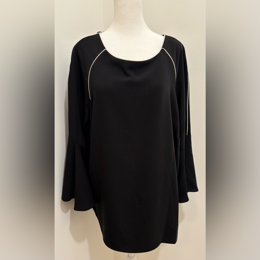 Lauren Ralph Lauren Black Blouse with White Trim, Bell Sleeves, NWT, Woman 1X